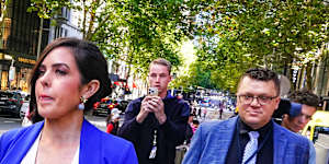 Moira Deeming and husband Andrew after they left party headquarters on Sunday.