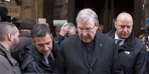 Australian cardinal George Pell leaves the Quirinale hotel after meeting members of the Australian group of relatives and victims of priestly sex abuses in Rome in 2016.
