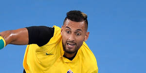 Nick Kyrgios serves against Jan-Lennard Struff on day one of the ATP Cup at Pat Rafter Arena in Brisbane.