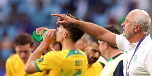 Graham Arnold on the sidelines during Australia’s clash with Uzbekistan.