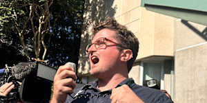 Liam Parry outside court in Brisbane,where he appeared after being charged under Queensland’s new hate crimes.