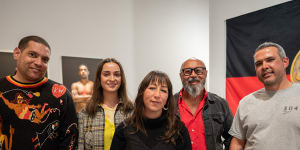 Tony Albert,Lily Eather,Megan Cope,Gordon Hookey and Warraba Weatherall attend the opening of Occurrent Affair in Sydney.