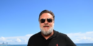 AACTA president Russell Crowe at Burleigh Heads on Saturday morning.