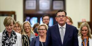 Rosie Batty with Victorian Premier Daniel Andrews and the late minister for the prevention of family violence Fiona Richardson,left,at the release of the royal commission report in 2016.