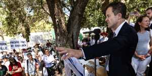 Opposition Leader Mark Speakman addresses a rally on Tuesday against the government’s planning reforms.