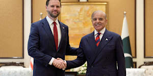 US Vice President JD Vance shakes hands with Pakistan Prime Minister Shehbaz Sharif during their meeting on April 11,2026,in Islamabad,Pakistan. The proposed meeting marks a rare direct engagement between senior US and Iranian officials.