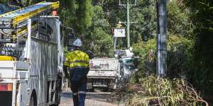 Workers trying to restore power in the Dandenong Ranges. 