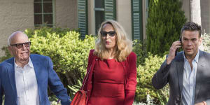 Here come the Murdochs:Rupert,Jerry Hall and Lachlan Murdoch at Kirribilli House in December for drinks with the Prime Minister.