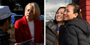 Left:Kristina Keneally. Right:Le Dai engages with the electorate in Cabramatta