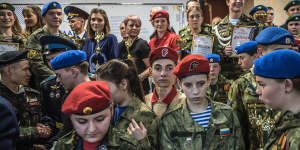 An award ceremony for a patriotic club in Vladimir,Russia,last week. Students from around the country competed in activities like map reading and shooting. 