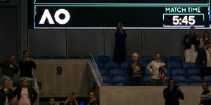 The scoreboard shows the match time of five hours and 45 minutes after Andy Murray’s five-set win over Thanasi Kokkinakis at this year’s Australian Open.