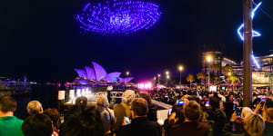 The drone show over Sydney Harbour during Vivid 2023.