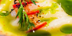 Scallop crudo with green juice and Korean chilli.