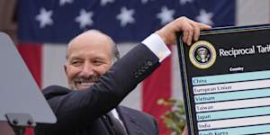 Commerce Secretary Howard Lutnick holds Trump’s “Liberation Day” poster board.