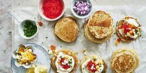 These buckwheat blinis are the perfect vehicle for a caviar party with all the trimmings (sour cream,chopped chives,boiled egg and onion,pictured).