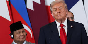 Trump in Egypt on October 13 with Indonesian President Prabowo Subianto at his right shoulder.