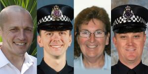Senior Constable Kevin King (left),Constable Josh Prestney,Leading Senior Constable Lynette Taylor and Constable Glen Humphris were killed on the Eastern Freeway in 2020.
