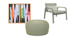 “Colourplay” backgammon set;“Banksia” ottoman;“Stack” chair. 