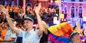 Beau Lamarre-Condon marching in the 2020 Mardi Gras parade in Sydney.