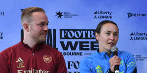 Caitlin Foord and Arsenal coach Jonas Eidevall in Melbourne.
