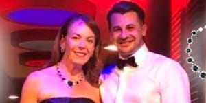 Melissa Caddick wearing the Oscar de la Renta gown that was auctioned this week,and other items that went under the hammer. She is pictured with husband Anthony Koletti.