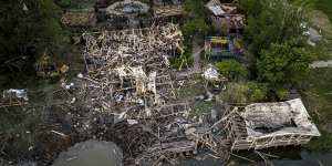 A destroyed resort is seen from above after a Russian rocket attack near Kharkiv,Ukraine,on Sunday.