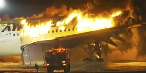 In this image made from video,a Japan Airlines plane is on fire on the runway of Haneda airport on Tuesday,Jan. 2,2024 in Tokyo,Japan. (NTV via AP)