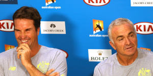 Pat Rafter,left,at a press conference in January where he announced he was stepping down as captain of the Australian Davis Cup team. Wally Masur will captain the team on an interim basis.