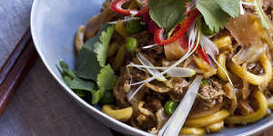 Chow mein-style pork with cabbage,peas and hokkien noodles.