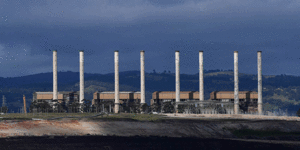 Hazelwood Power Station’s chimneys collapse after demolition.