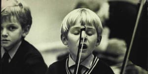 Richard Tognetti,aged six,at Pleasant Heights Public School,learnt violin by the Suzuki method. Here he is captured at a 1972 performance at the Conservatorium of Music.