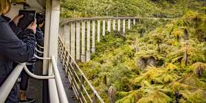 Crossing Hapuawhenua Viaduct with a view from the open carriage.