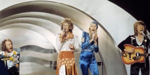 On stage with “Waterloo” at Eurovision 1974.