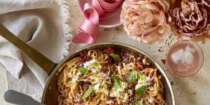 ***EMBARGOED FOR GOOD WEEKEND,APRIL 30/22 ISSUE*** Karen Martini recipe:Maccheroni alla chittara with fresh tomato sauce Photograph byÂ WilliamÂ Meppem (photographer on contract,no restrictions)