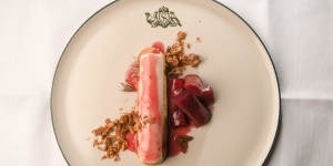 Almond parfait with poached rhubarb.