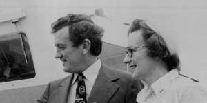 Transport Minister Wal Fife,left,and Elizabeth Nash,daughter of the late NSW Govenor Sir John Northcott,at the christening of the Lady Northcott ferry in 1975. 