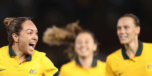 Kyah Simon celebrates after scoring against the US in a friendly in 2021.