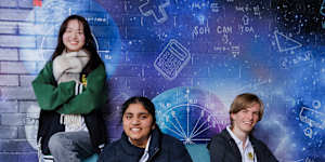St Mary’s High School HSC students,from left,Judy Chen,Mauli Nayak,and John Jackson have all chosen the most popular – and some would say difficult – combination of courses.