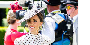 Princess Catherine at Royal Ascot in June,wearing an Alessandra Rich dress;Zimermann’s high tide halter dress,$1500;Morgan&Taylor boater,$79.95;Temple and the Sun Alba earrings,$189.95.