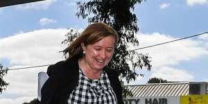 The minister for the Suburban Rail Loop,Jacinta Allan (left),under the elevated rail near Clayton Station.