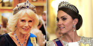 Queen Camilla at Buckingham attending an event for Diplomatic Corps at Buckinham Palace on December 6 and Catherine,Princess of Wales during the State Banquet at Buckingham Palace on November 22.