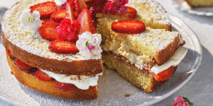 Strawberry,coconut and lime sandwich cake.