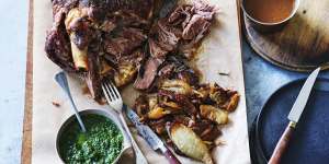 Adam Liaw’s roast lamb shoulder with mint sauce,onions and gravy.