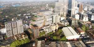 Reference designs for the 17-level residential tower (left) and 21-level commercial tower (centre) developments for Crows Nest metro rail station in Sydney. The white shapes to the right indicate heights of future buildings envisaged in the precinct.