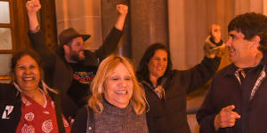 Members of the First Peoples’ Assembly of Victoria celebrate the passing of the Treaty Authority bill at state parliament on Tuesday evening.