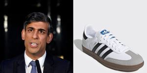 British Prime Minister Rishi Sunak and the offending Adidas Samba sneaker that he formally apologised for wearing during an interview.