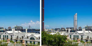 Artists impression of The Star's proposed tower. Existing (left) and proposed (right) south east view from Sydney Observatory. Taken from the Department of Planning and Environment Star Casino Modification Assessment Report,July 2019.
