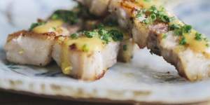Pork belly skewers with yuzu kosho miso sauce.