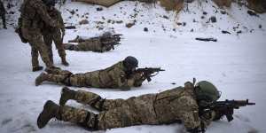 Military training in the snow near Kyiv.