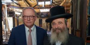 Prime Minister Anthony Albanese and Rabbi Shlomo Kohn after Adass Israel synagogue in Ripponlea was destroyed by arsonists.